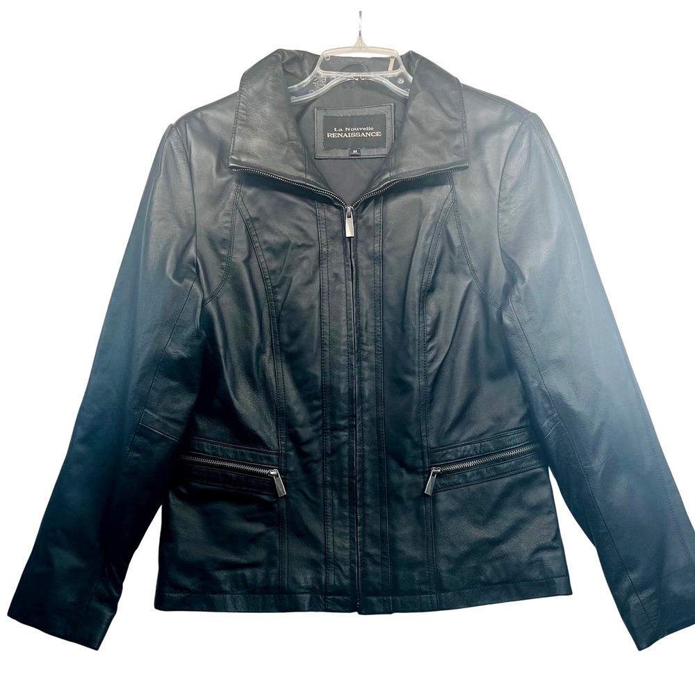 La Nouvelle Renaissance Womens Size M Black Leather Zip Up Jacket Pocketed